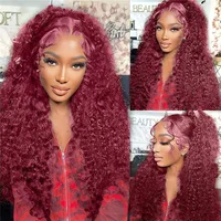 Perruque Lace Front Wig Naturelle Ondulée Rouge Bordeaux, Cheveux caution Bouclés, 13x4 HD, 99j 2
