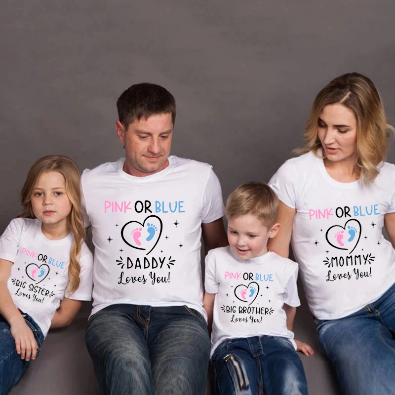 Pink Or Blue Daddy Mommy Brother Sister Loves You Funny Gender Reveal Party Shirts Cotton Baby Shower Tee Family Matching Outfit 3