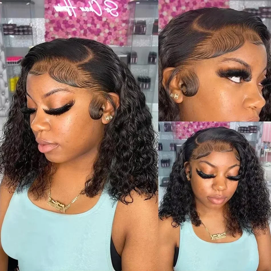 Natural Black Short Bob Wig 250 Density 8-14 Inch Brazilian Human Dark Curly Hair 13x4 Lace Front Wigs Pre Plucked For Women