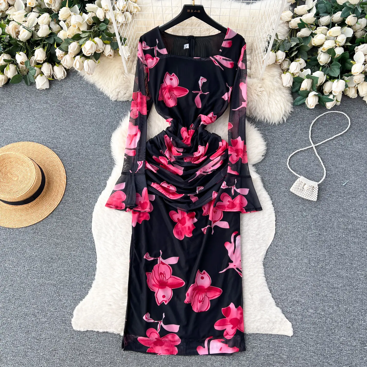 

French Autumn Mesh Long Dress Women's 2023 New Pleated Design Slim Fit Print Wrap Hip Bodycon Long Sleeve Mesh Floral Dress