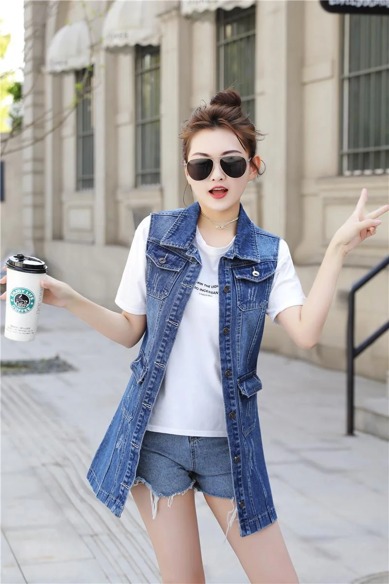 2022 New Denim Vest Women Spring Autumn Sleeveless Mid-Length Jean Cardigan Coat Female Jeans Waistcoat Casual Outerwear Tops long down coat womens