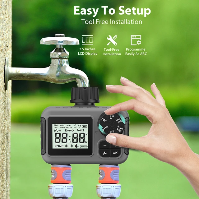2-Outlet Mini Garden Water Timer Auto/Manual Intelligent Irrigation Watering System Sprinkler Timer Programmer LCD Display 5