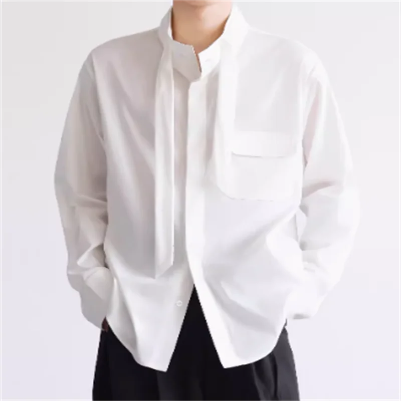 

【Custom size men's wear】High-density cotton material hidden flap removable ribbon design stand collar long sleeve casual shirt