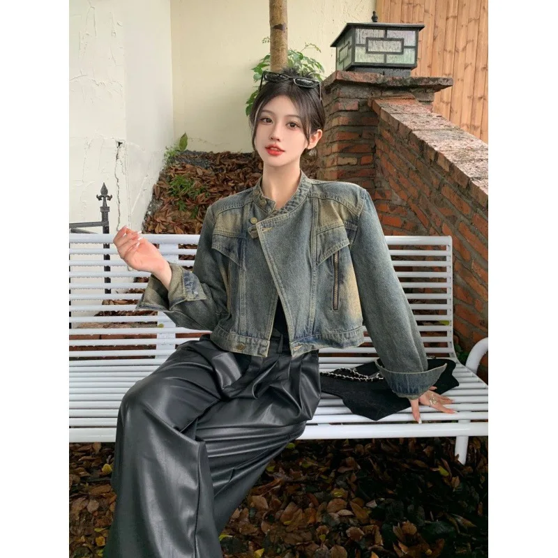 Retro Denim Jacket with American Vintage Style Design Stand Up Collar Workwear Short Top