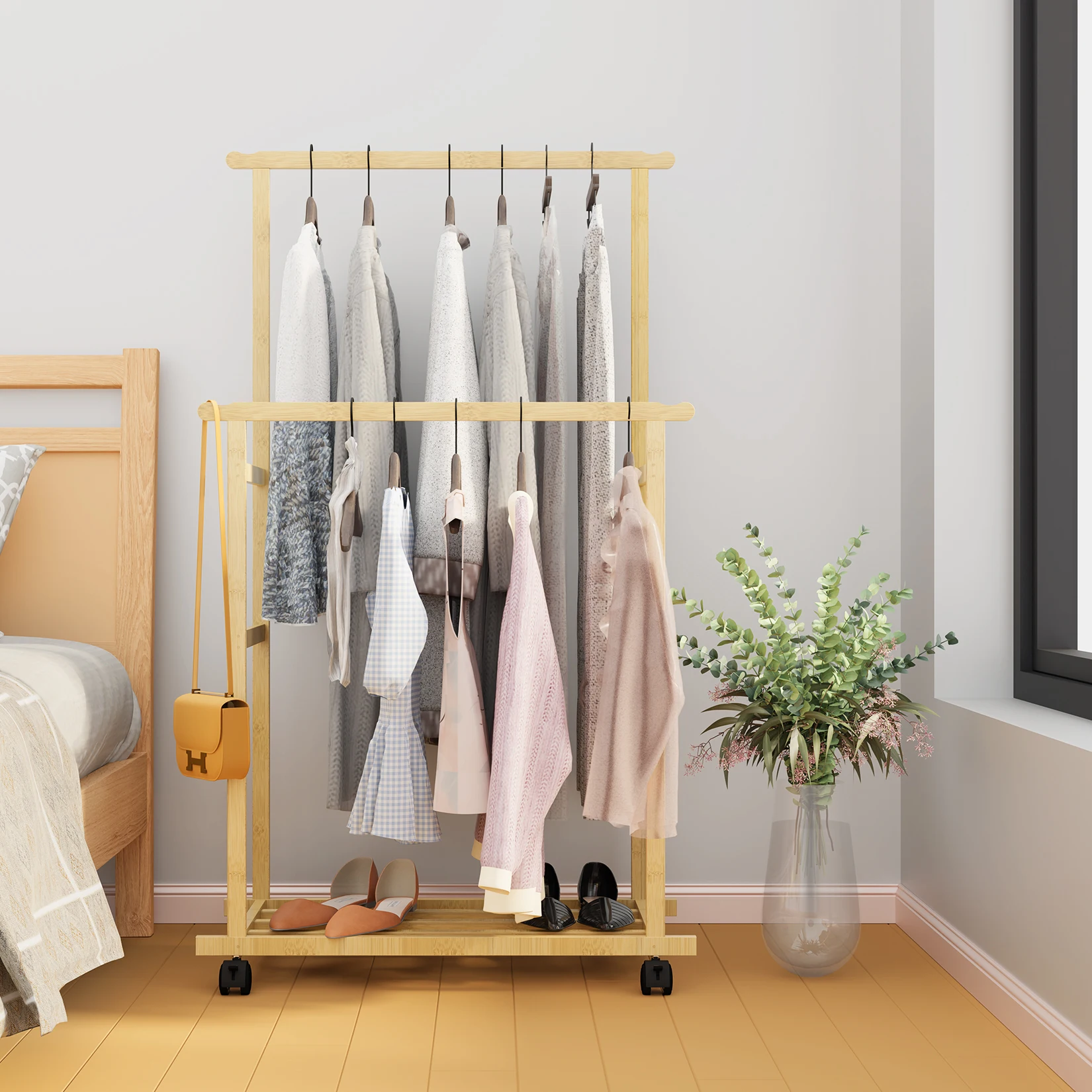 Natural Wood Bamboo Trapezoid Storage Shelves Clothes Hanging Rack