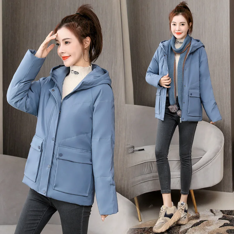 White Duck Down Jacket Women's Short Korean Loose 2021 New Winter Large Size Cargo Hooded Down Jacket