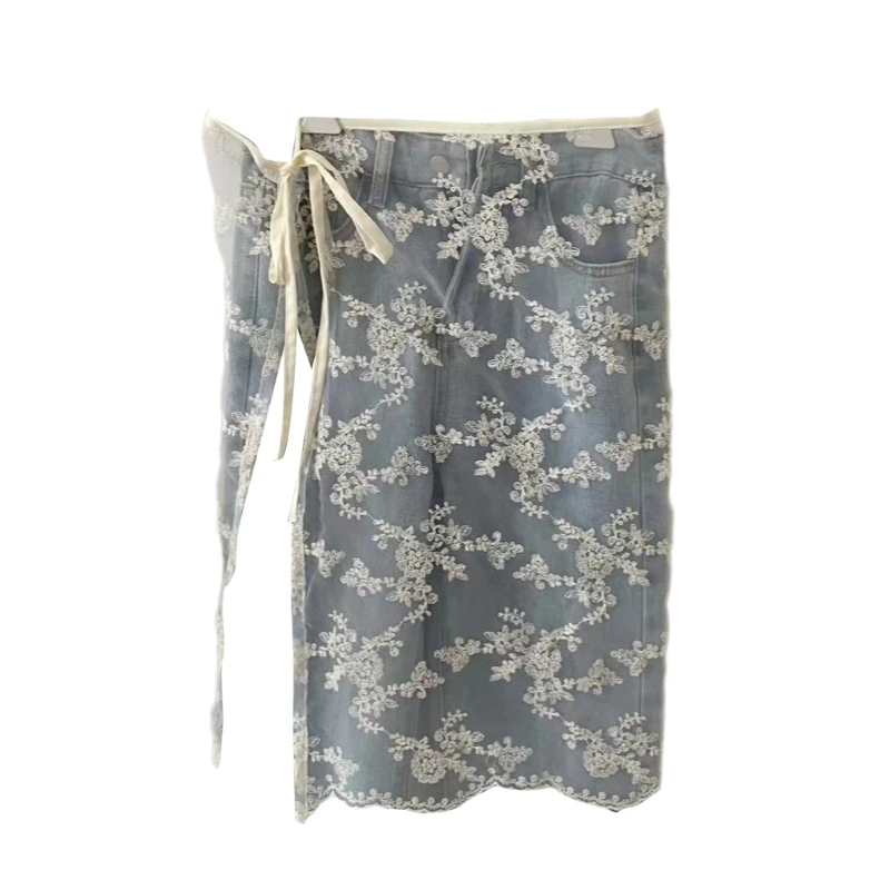 Women Aesthetic Embroidery Flower Lace Layering Apron Skirt Tie Up See Through Mesh Hip Covering Long Skirt Overskirt