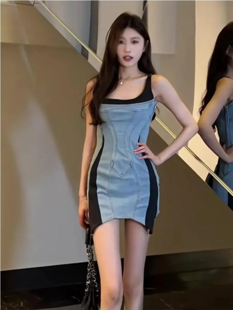 New Fashion Women's Patchwork Elastic Denim Sling Dress 2025 Summer Spring Trendy Sleeveless Wrap Hip Dresses Female 5