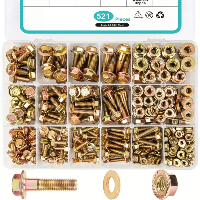 Carbon Steel Flange Bolt and Nut Assortment Kit 521pcs Grade 8.8 Hex Serrated Flange Screws with Coarse & Partial Threads screw bolt nut set screw washer nut kit auto fasteners assortment