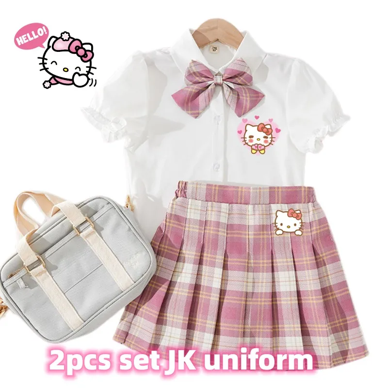 

Комплект одежды Hello Kitty Jk из 2 предметов, летнее платье для девочек с рисунком из мультфильма, детская юбка для колледжа, подарки