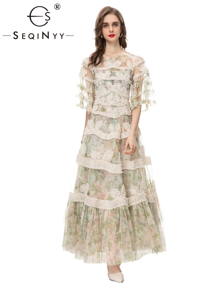 

SEQINYY Elegant Long Dress Summer Spring New Fashion Design Women Runway Appliques Flower Print Party High Street Short Sleeve