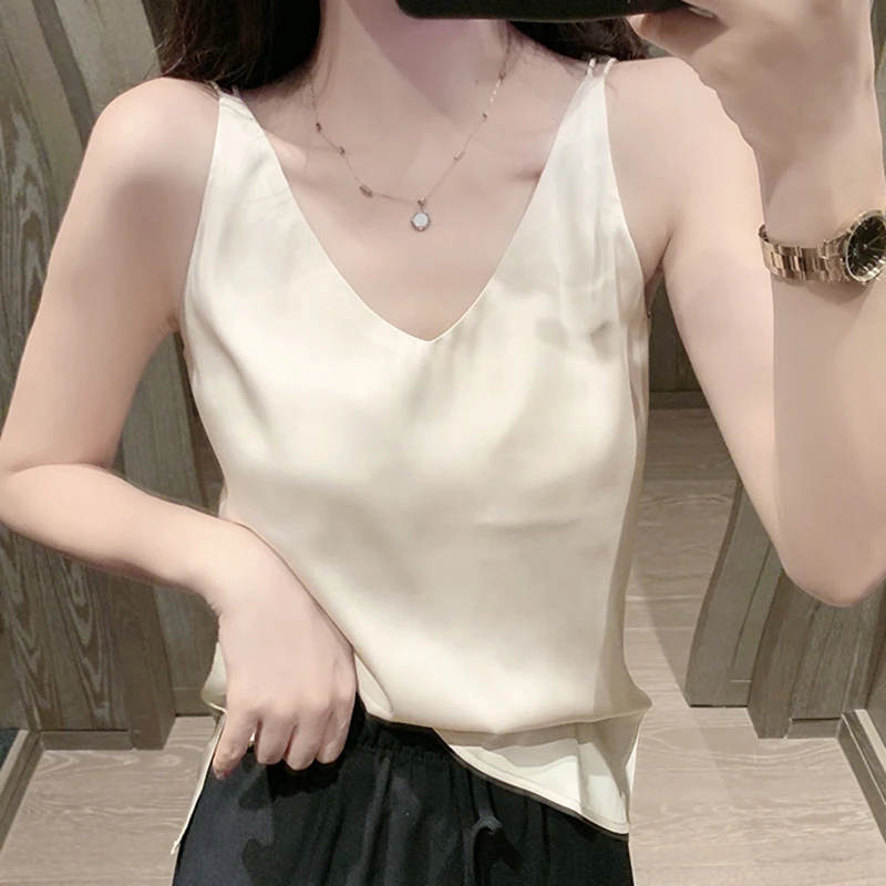 

Sexy V-Neck Silk Backless Camis Women Tops 2022 Summer White Tank Top Ladies Clothes Black Cami Woman Debardeur Camis Haut Femme