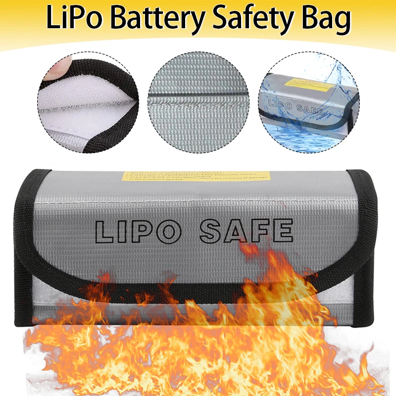 Sac ignifuge pour batterie Lipo posé sur une surface, étiquette de mise en garde visible
