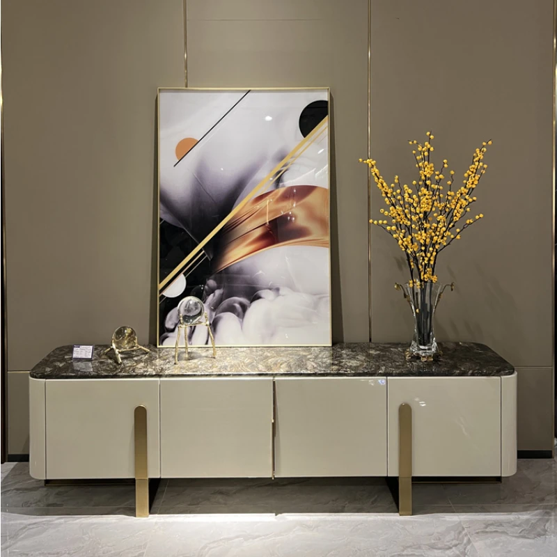 

Italian light luxury solid wood TV cabinet with hardware base and marble surface floor cabinet
