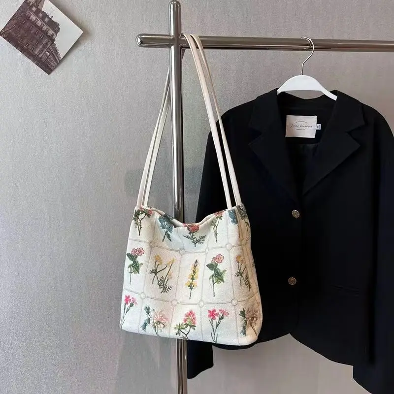 JIAERDI Floral Embroidery Black Shoulder Bags Women Vintage Casual Canvas Bag Purses Female Fairycore Harajuku Aesthetic Handbag