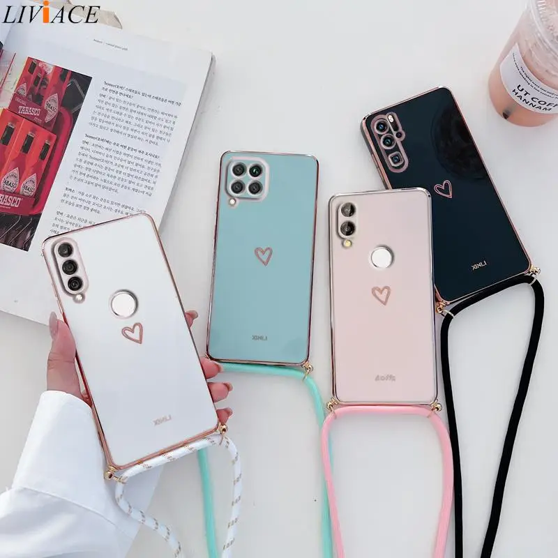 Custodia Placcata Con Cinturino Per Cordino A Tracolla Love Heart Per Huawei P30 Lite P 30 P20 P40 Lite Pro P Smart 2019 Smart Z Plus 2018 Cover
