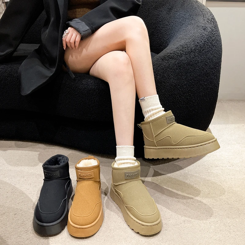 

Ботинки на среднем каблуке, плюшевая обувь, сапоги, Женская австралийская зимняя обувь с круглым носком, меховая плоская резиновая обувь до щиколотки, Женская кожа 2023