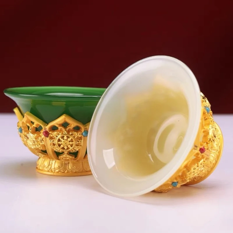 Golden Tibetan Ghee Bowl Zinc Alloy Tantric Holy Water Cup 8.5 cm Engraved Buddhist Green Stone Bowl Gift Desktop Decorative 2