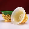 Golden Tibetan Ghee Bowl Zinc Alloy Tantric Holy Water Cup 8.5 cm Engraved Buddhist Green Stone Bowl Gift Desktop Decorative 2