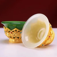 Golden Tibetan Ghee Bowl Zinc Alloy Tantric Holy Water Cup 8.5 cm Engraved Buddhist Green Stone Bowl Gift Desktop Decorative 2