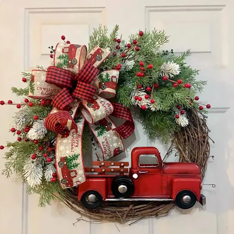 

D2 Christmas Door Wreath Garland 36CM Wooden Car Red Berry Wall Hanging Ornament Merry Christmas Decoration Home New Year 2024