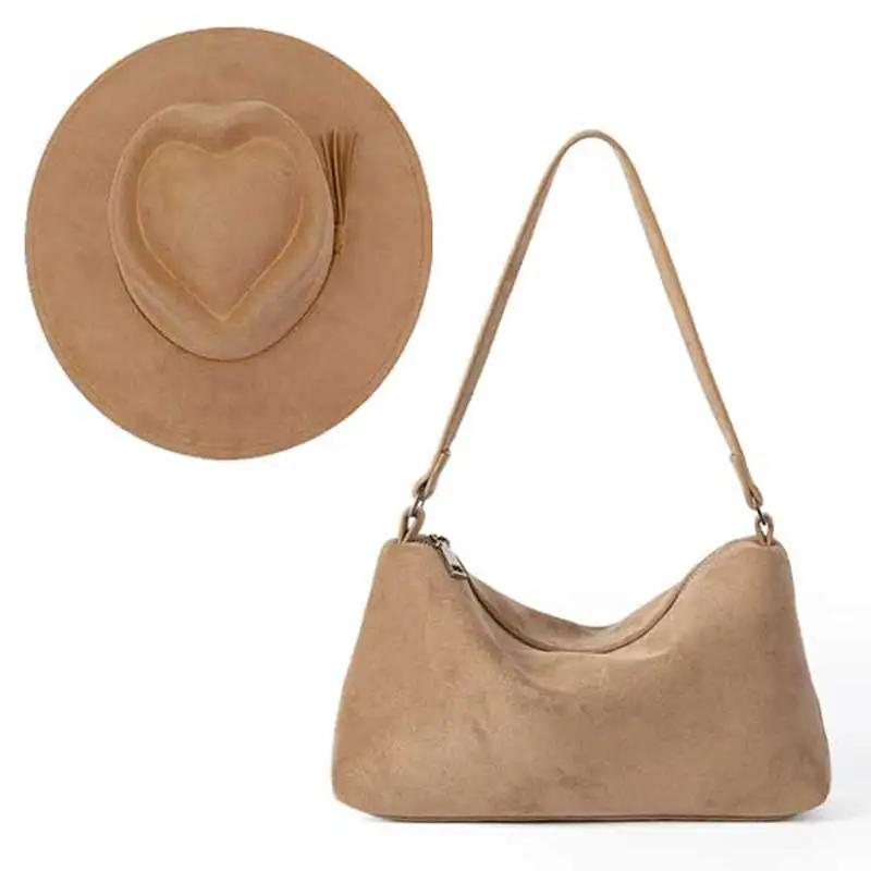 khaki suede hat and bag set heart shape top matching tassel accessories autumn and winter women's felt hat wide hat chapeau Khaki suede hat and bag set Heart shape top Matching tassel accessories Autumn and Winter Women's Felt Hat Wide Hat chapeau 2