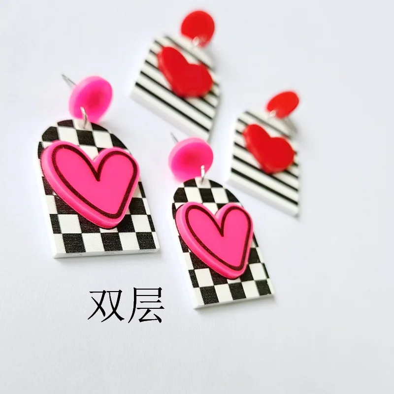 2024 New Valentine's Day Earrings Acrylic Plaid Black and White Stripe Pink Love XOXO English Letter Earrings Wholesale images - 6