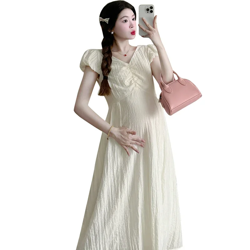 임산부를 위한 한국 패션 긴 원피스, 우아한 A 라인 슬림 옷, Y2k 청소년 임신 베이비 샤워, 2024 여름