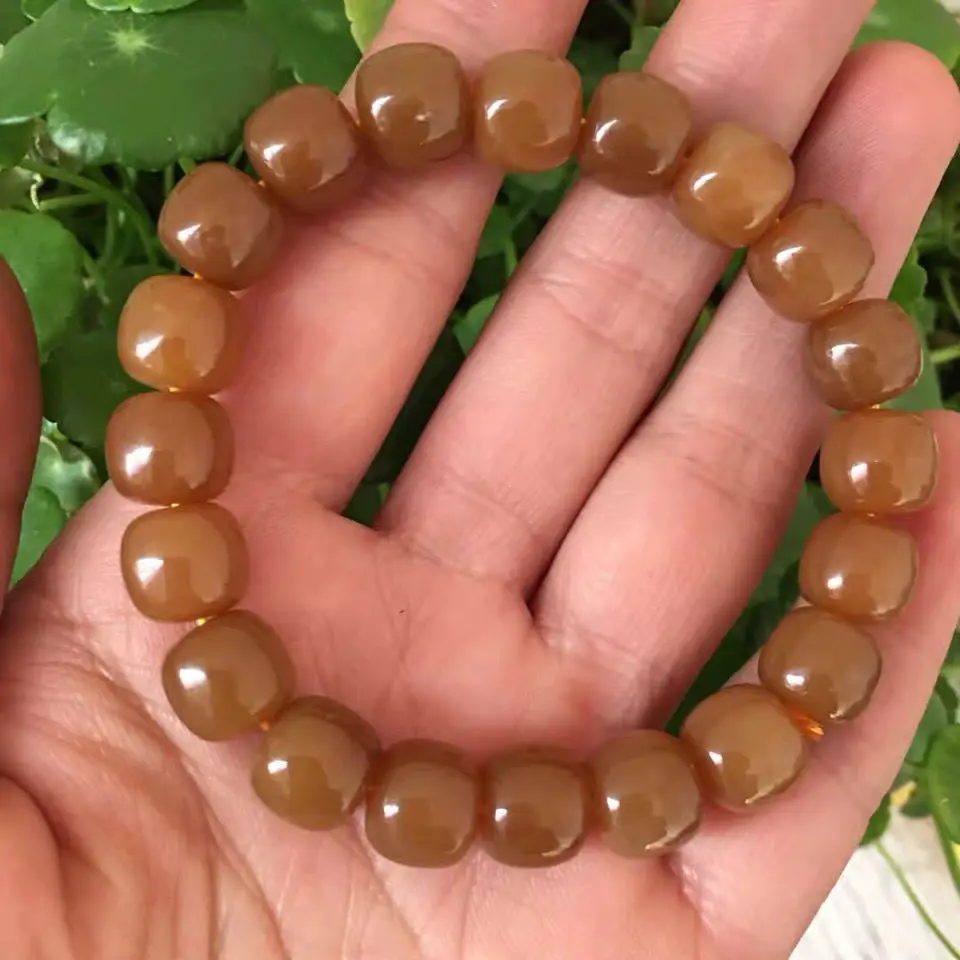 

Natural Hetian Jade Bracelet Men Women Fine Jewelry Genuine Chinese Nephrite Caramel Jades Stone Beads Elastic Beaded Bracelets