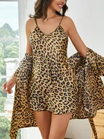 Two Piece Leopard Print Nightgown and Robe Set Sexy Sleepwear Loungewear with Outerwear Dress and Open Front Robe - Image 4
