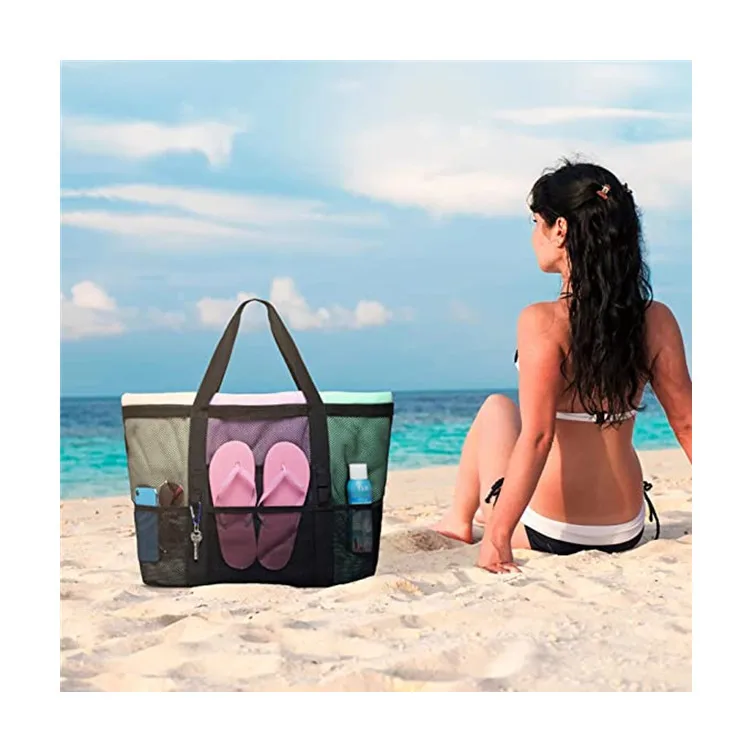 New Summer Large Beach Bag with 8 Pockets for Towels Swimming Storage Bag Big Breathable Mesh Durable Bag for Toys Seaside Bag