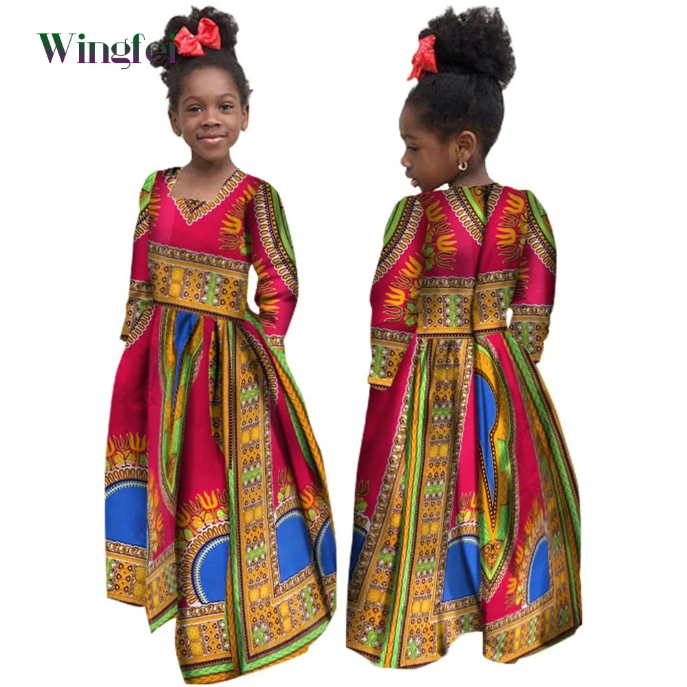 African Girl Dress Kids Dashiki Ankara Floral Print Dress Wax Cotton Long Sleeve Dresses Fashion Africa Clothes for Girl WYT61