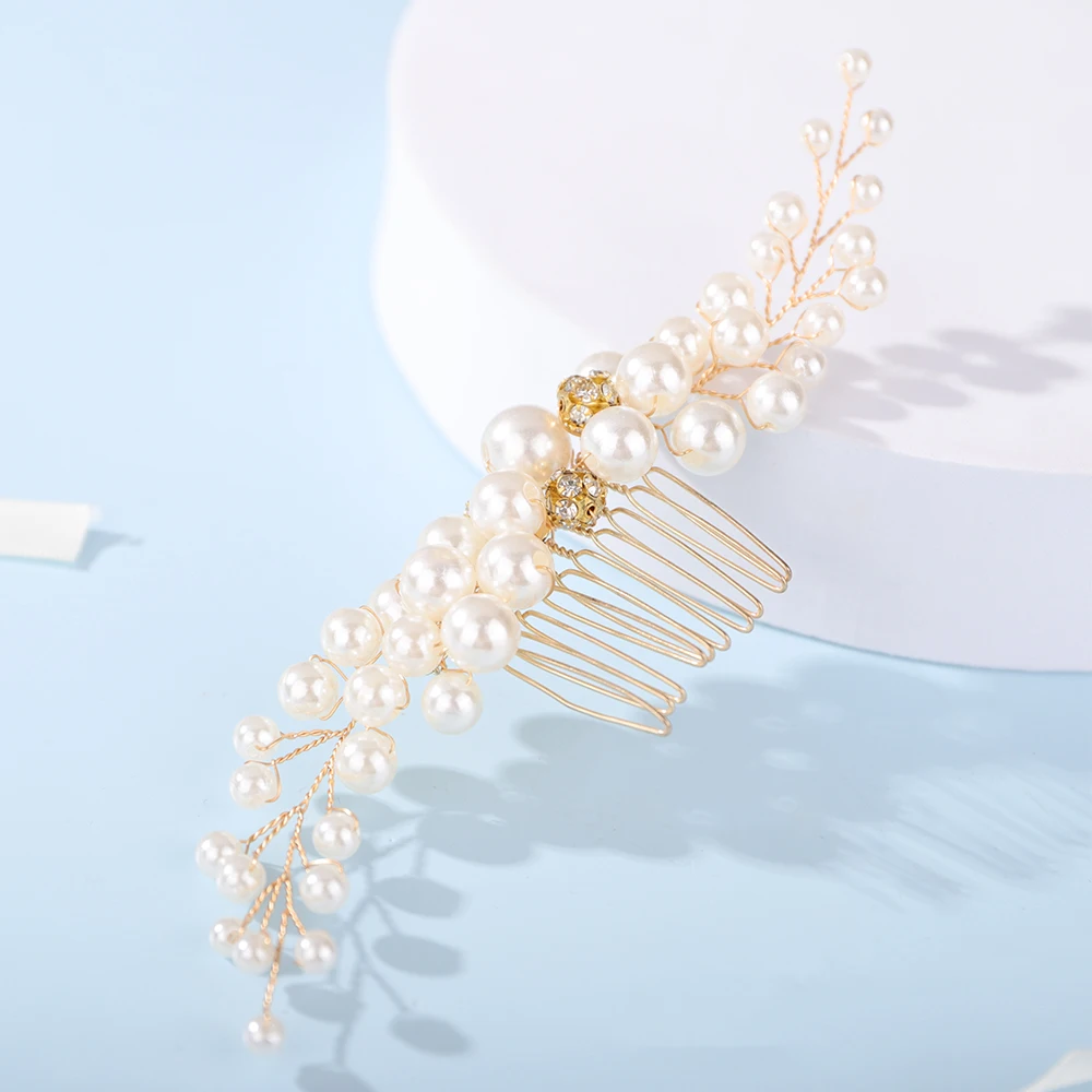 Pearl Gold Rhinestone Wedding Headpiece Handmade Bridal Hair Comb for Women and Girls Party Hair Accessories Jewelry Bride Tiara 4 Pearl Gold Rhinestone Wedding Headpiece Handmade Bridal Hair Comb for Women and Girls Party Hair Accessories Jewelry Bride Tiara - Image 4