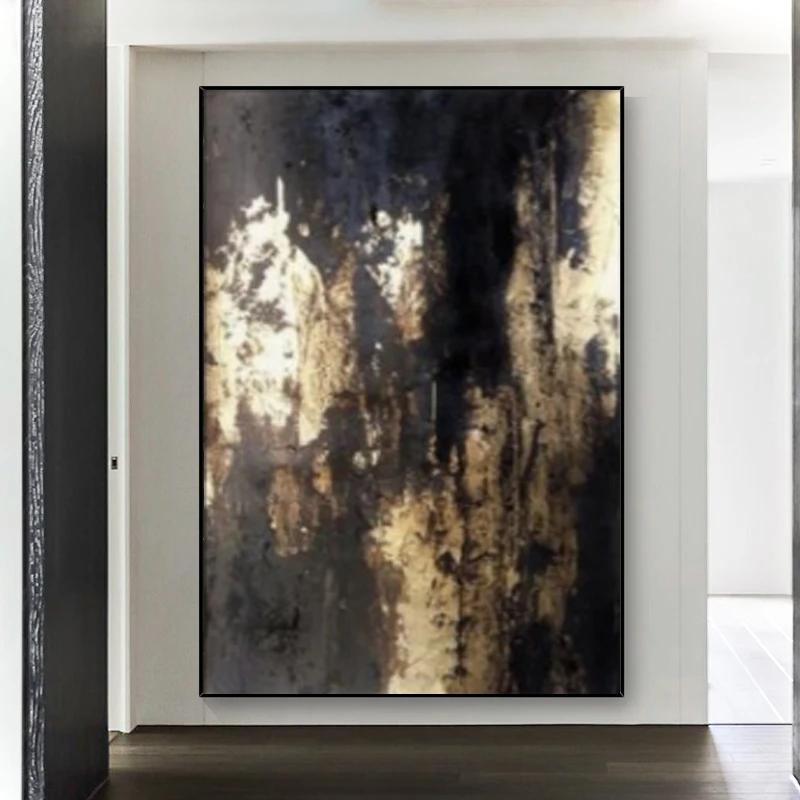 

Oversize Abstract Art Grey Black Gold Foil Vertical Abstract Painting Thick Texture Handmade Oil Painting Decoration Living Room