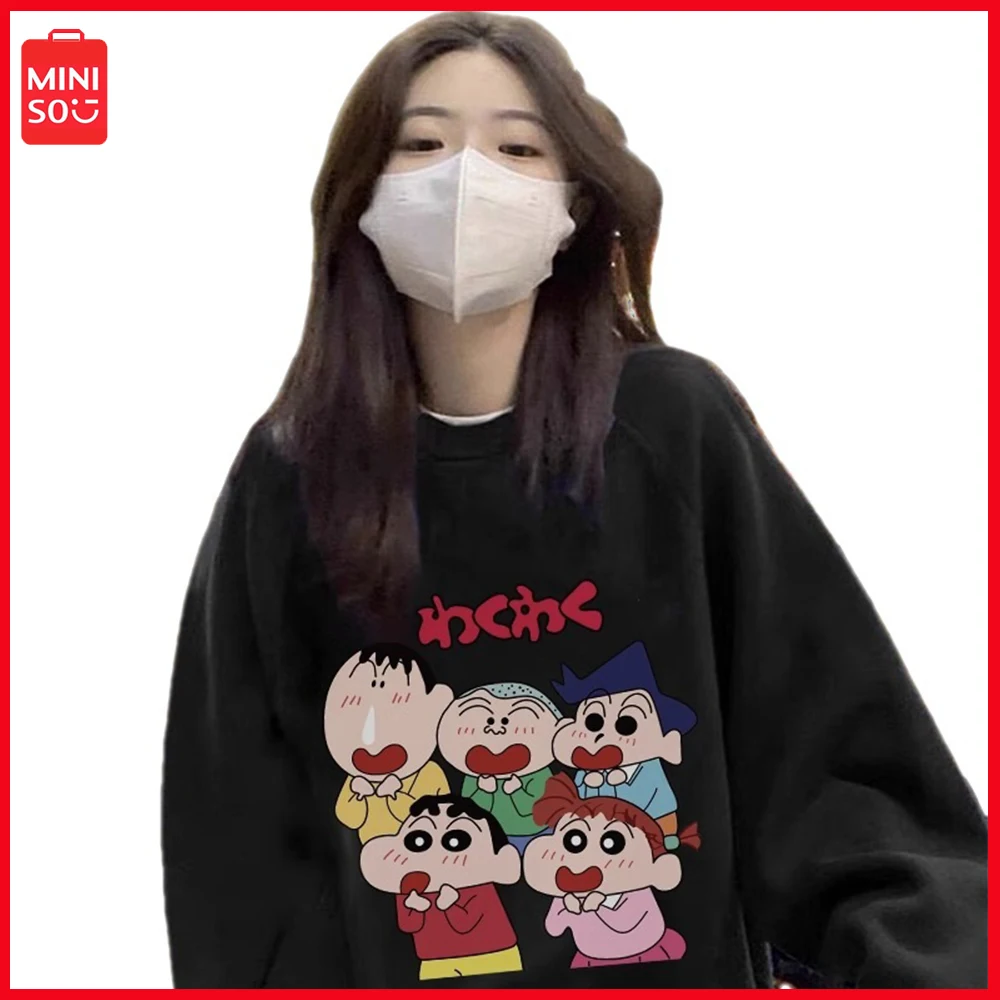 

2023 Miniso Crayon Xiaoxin Cartoon Anime Women's Long Sleeve Printed Fashion Pullover Autumn Loose Fit Warm Versatile Sportswear