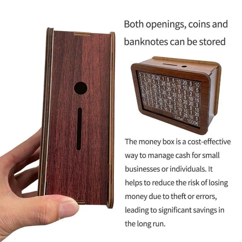 Euro Money Wood Box Piggy Bank Wood Money Bank Reusable Money Box with Saving Goal and Numbers Money Boxes Money Drawer