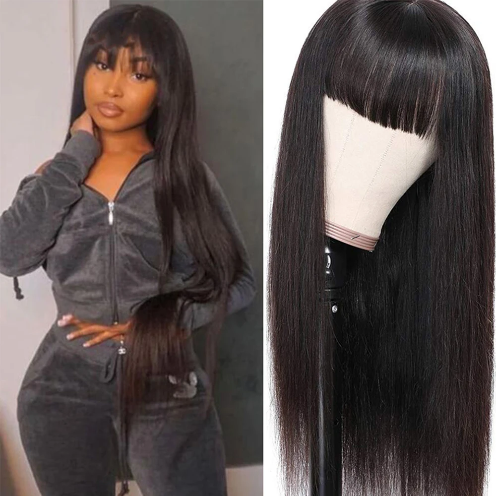 Straight Wig With Bangs Fringe Body Wave Human Hair Wig For Women Brazilian Hair Bangs Wig Full Machine Made Remy Hair Glueless