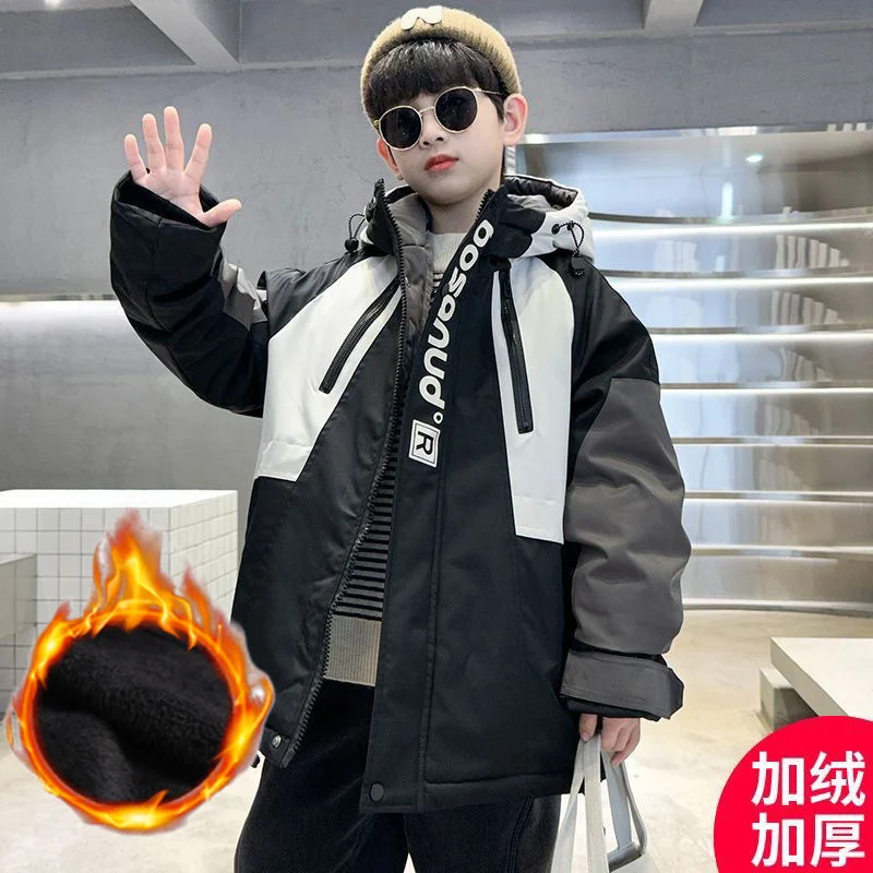 Plus Velvet Thicken Overcoat Boys Fleece Jackets new Kids Windproof Hooded Cotton Clothing Winter Warm Teens Trench Coat