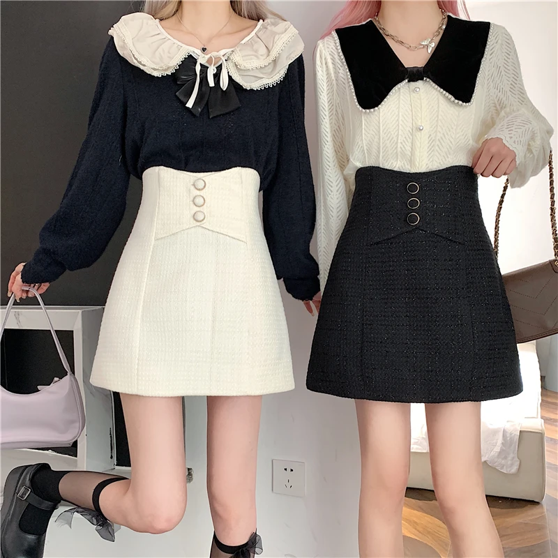 Women High Waist Skirt Slim Buttons Mini Plus Size Skirts Elegant Tweed A Line Office Ladies Skirt Vintage Zipper Korean N125 short skirt