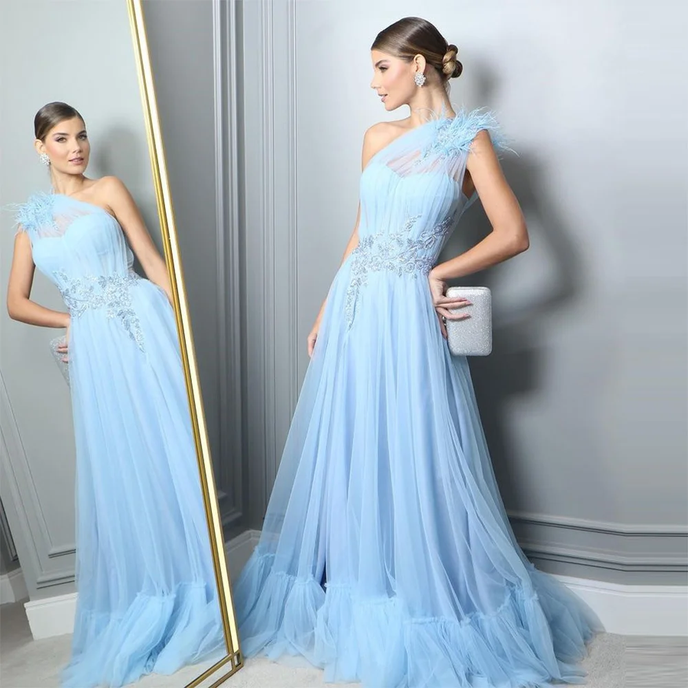 

Sevintage Baby Blue Tulle Prom Dresses Lace Appliques Feathers A-Line Pleat Ruched Evening Gowns Formal Dress vestidos de festa