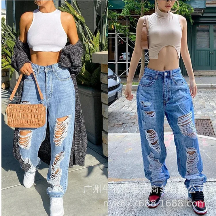 2022 Women's Casual Fashion New Jeans Mid-waist Temperament Commuter Washed Ripped Loose Jeans 2022 women s new temperament commuter fashion washed ripped mid waist dark casual denim pants women