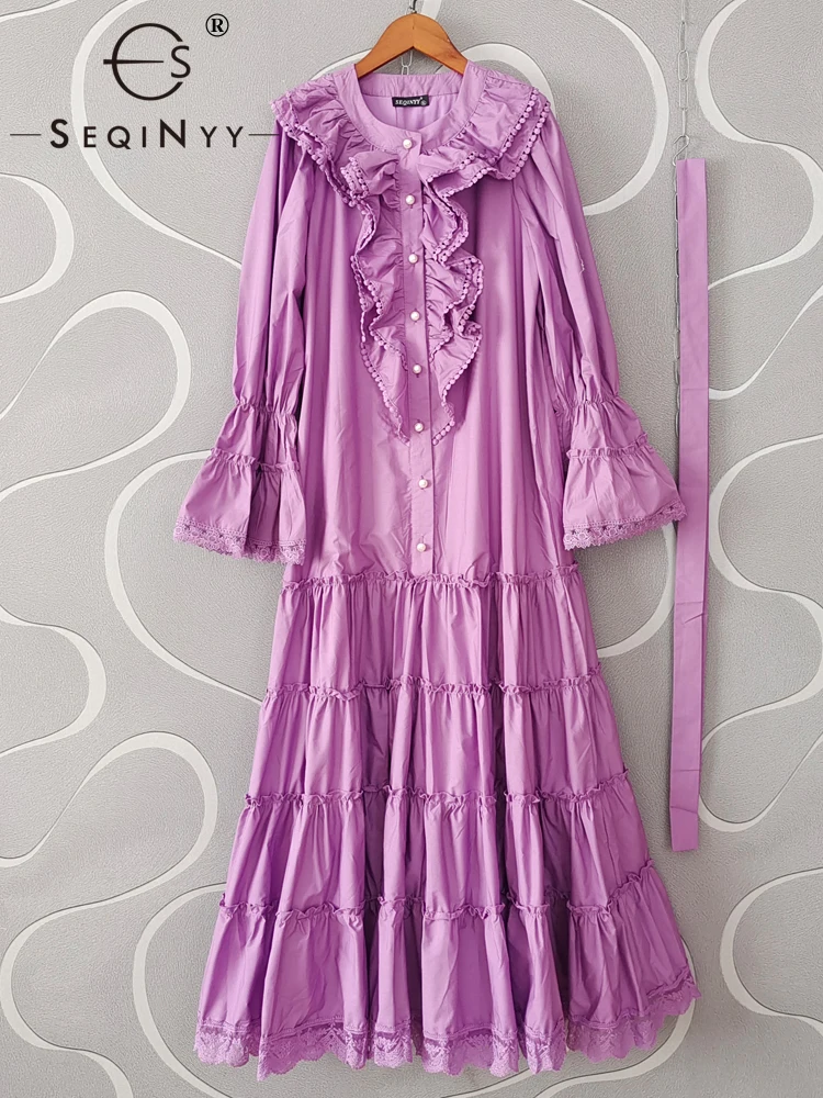 

SEQINYY Holiday Midi Dress Spring Summer New Fashion Design Women Runway High Street Ruffles Lace Elegant Loose Belt