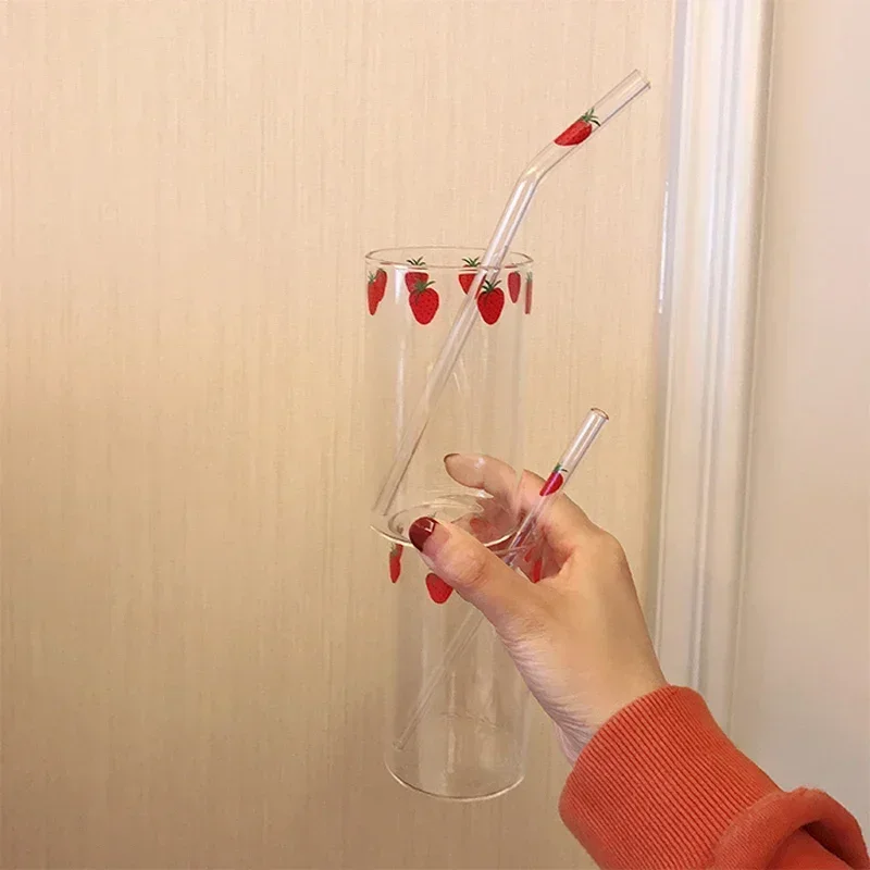 1-6pcs 300ml Strawberry Coffee Mugs Cute Glass Cup with Straw Creative Transparent Water Drinking Student Milk Gift Drinkware