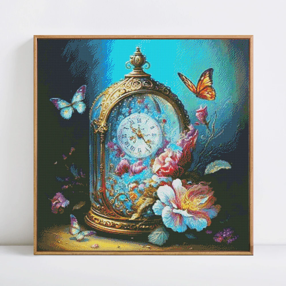 HUACAN Cross Stitch Flower Butterfly Cotton Thread Printed Canvas Needlework Embroidery Kits Clock DIY Gift Home Decoration