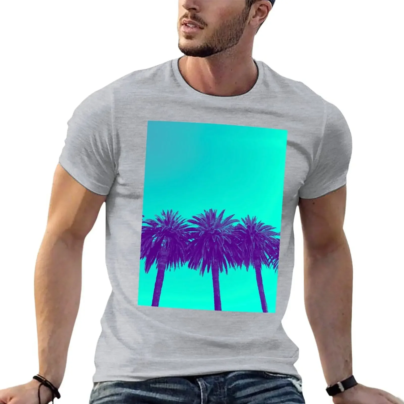 Teal Trio Of Palm Trees T-Shirt Summer Top Cute Top T-Shirt Da Uomo