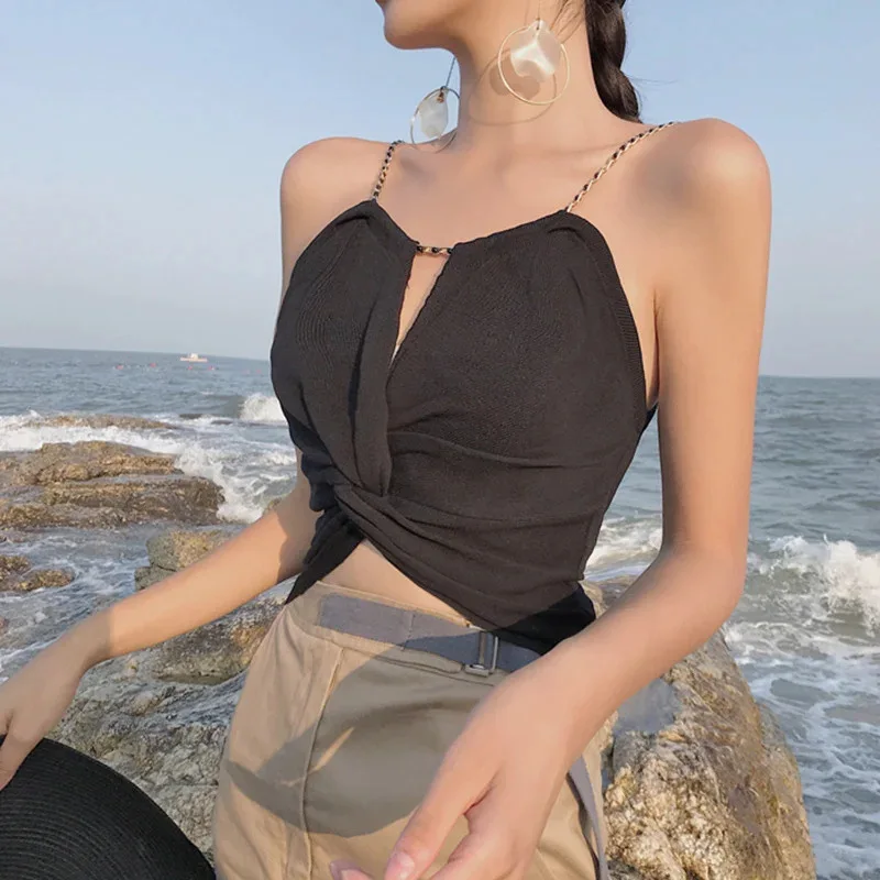 

Korean Women Sexy Backless Tanks Tops Chic Summer Beach Wear Retro Chest Wrap Vest Ladies Crop Top Casual Female Short Top