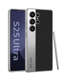 Luxury Metal Paint Edge Leather Case - Shockproof Matte Soft Slim Cover for Galaxy S25 Ultra (Carbon Fiber Style)
