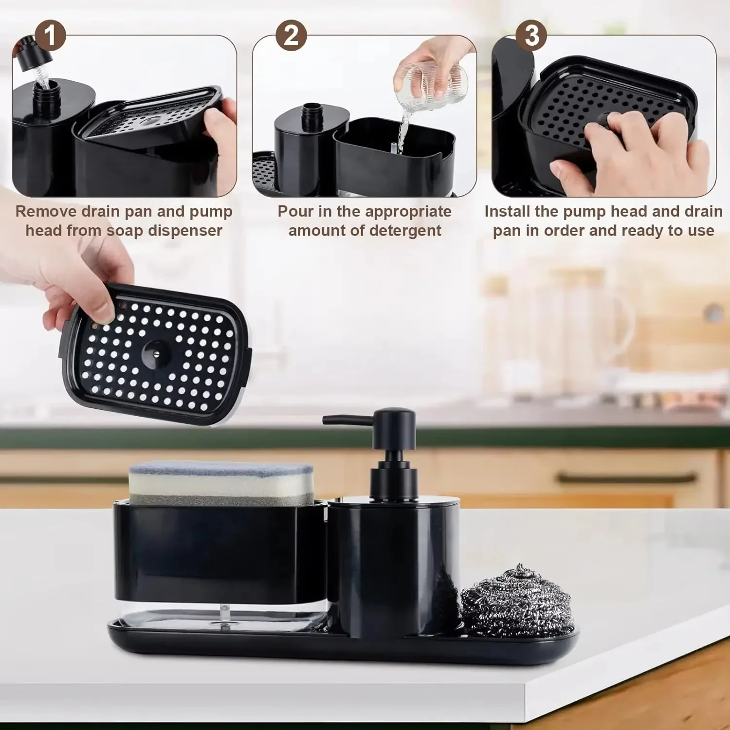 4-in-1 Kitchen Soap Dispenser Set with Dish Soap Holder Dish and Hand Soap Dispenser Kitchen Storage Organizer Kitchen dispenser