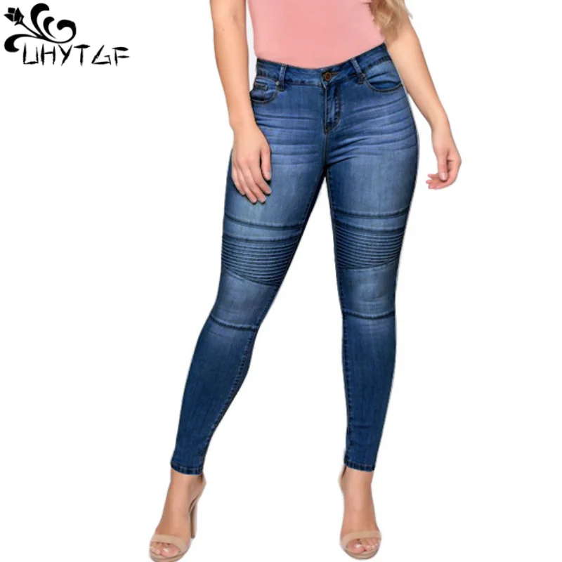

UHYTGF Autumn Winter Jeans For Women High-Waisted Splicing Pleated Fashion Small Feet Trousers Casual Ladies Stretch Denim Pants
