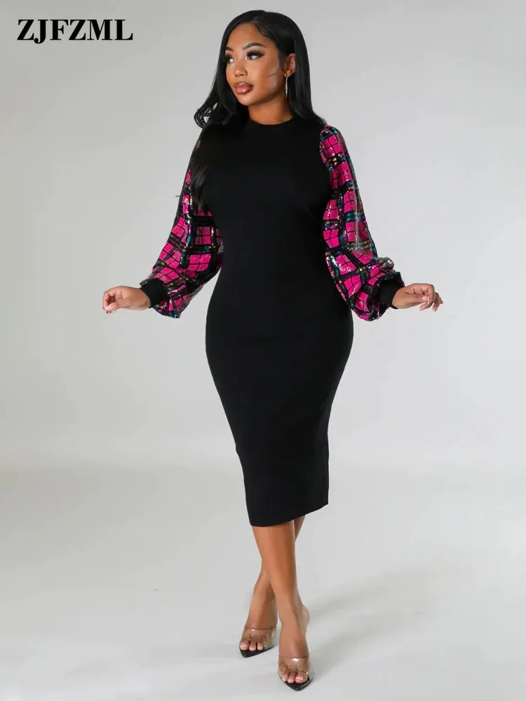 

Colorful Sequin Long Sleeves Patchwork Dress for Female Crew Neck Party Prom Vestidos Package Hip Bodycon Lounge Wrap Dresses